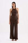 Full-length front view of the chocolate wide-leg pants styled with the matching halter top against a white studio background.