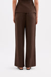 Back view of the full-length chocolate pants showing the straight relaxed drape.