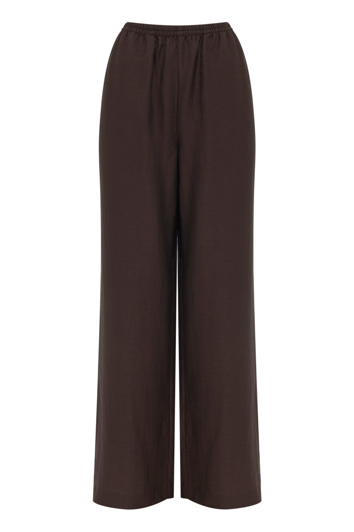 Product-only front view of the chocolate high-rise wide-leg pants on a plain background.