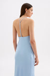 Close-up back view of the Bermuda blue maxi dress showing the thin straps and open-back design.