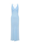 Bermuda blue maxi dress displayed against a white background, showing the V neckline, thin straps and long flowing silhouette.