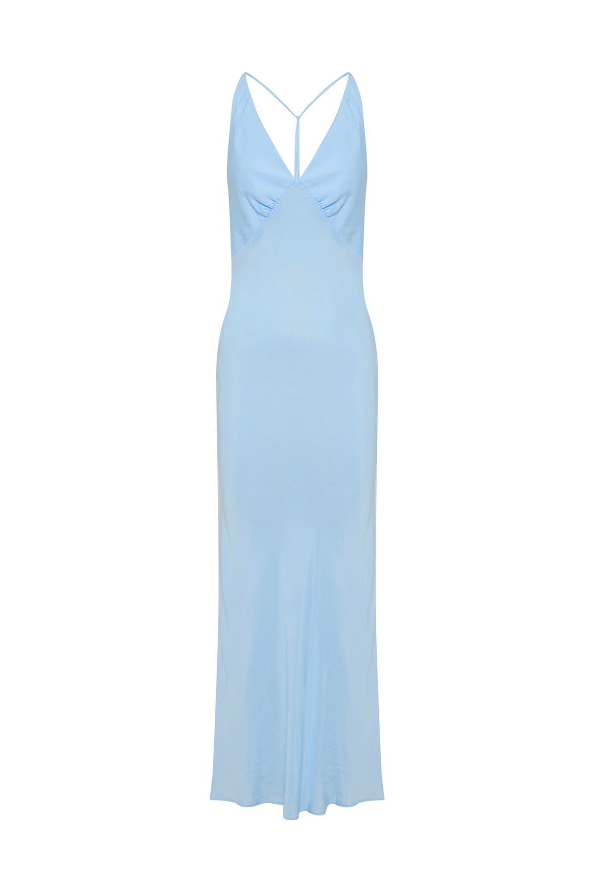 Bermuda blue maxi dress displayed against a white background, showing the V neckline, thin straps and long flowing silhouette.