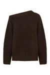 Chocolate oversized knit shown on its own with an asymmetrical neckline and long sleeves.