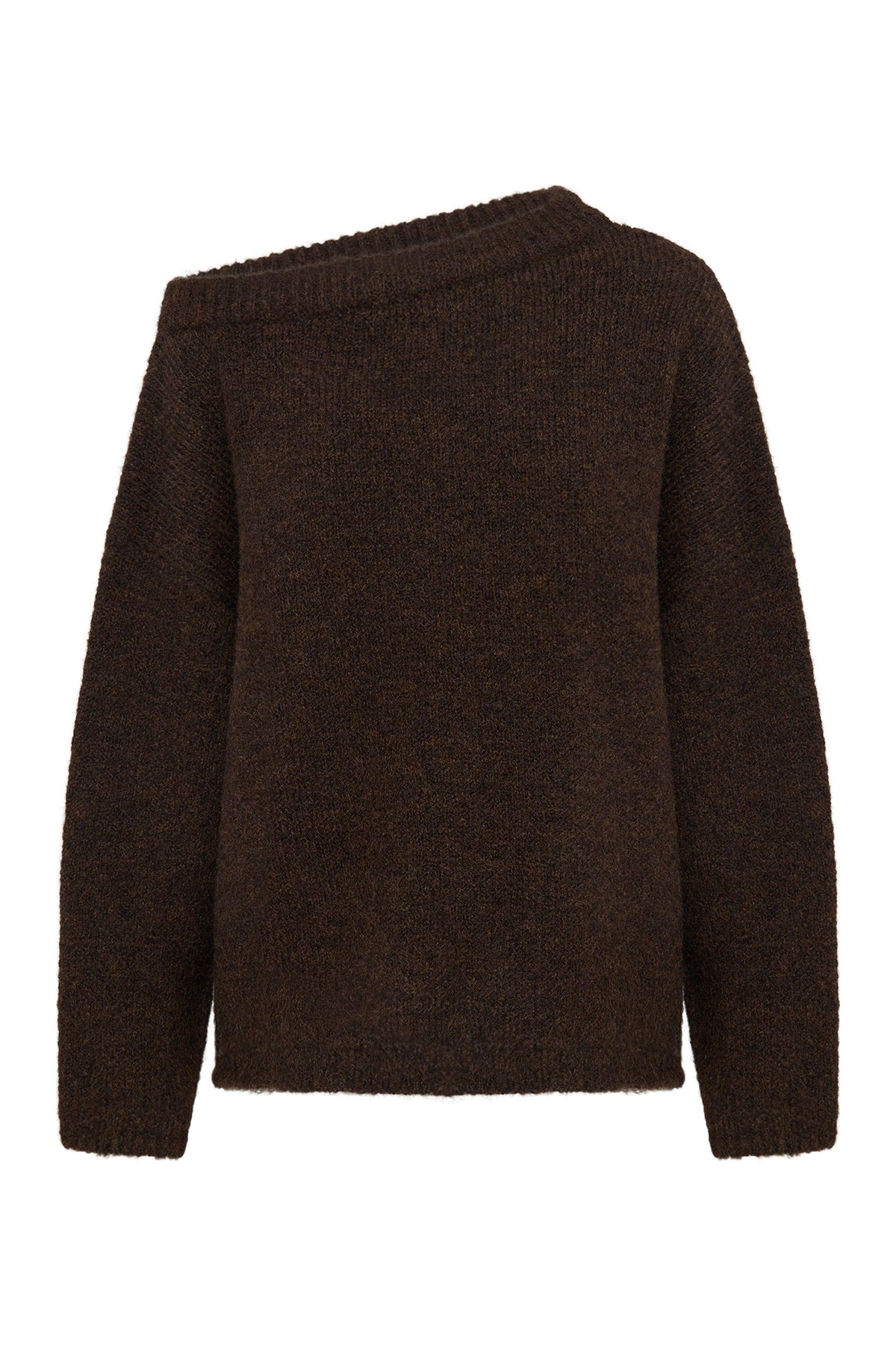Chocolate oversized knit shown on its own with an asymmetrical neckline and long sleeves.