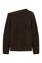 Chocolate oversized knit shown on its own with an asymmetrical neckline and long sleeves.
