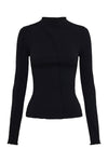 Black long sleeve top displayed alone showing the raised neckline, fitted shape and subtle seam detailing.