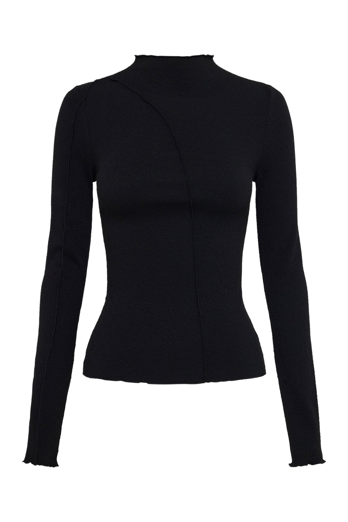 Black long sleeve top displayed alone showing the raised neckline, fitted shape and subtle seam detailing.