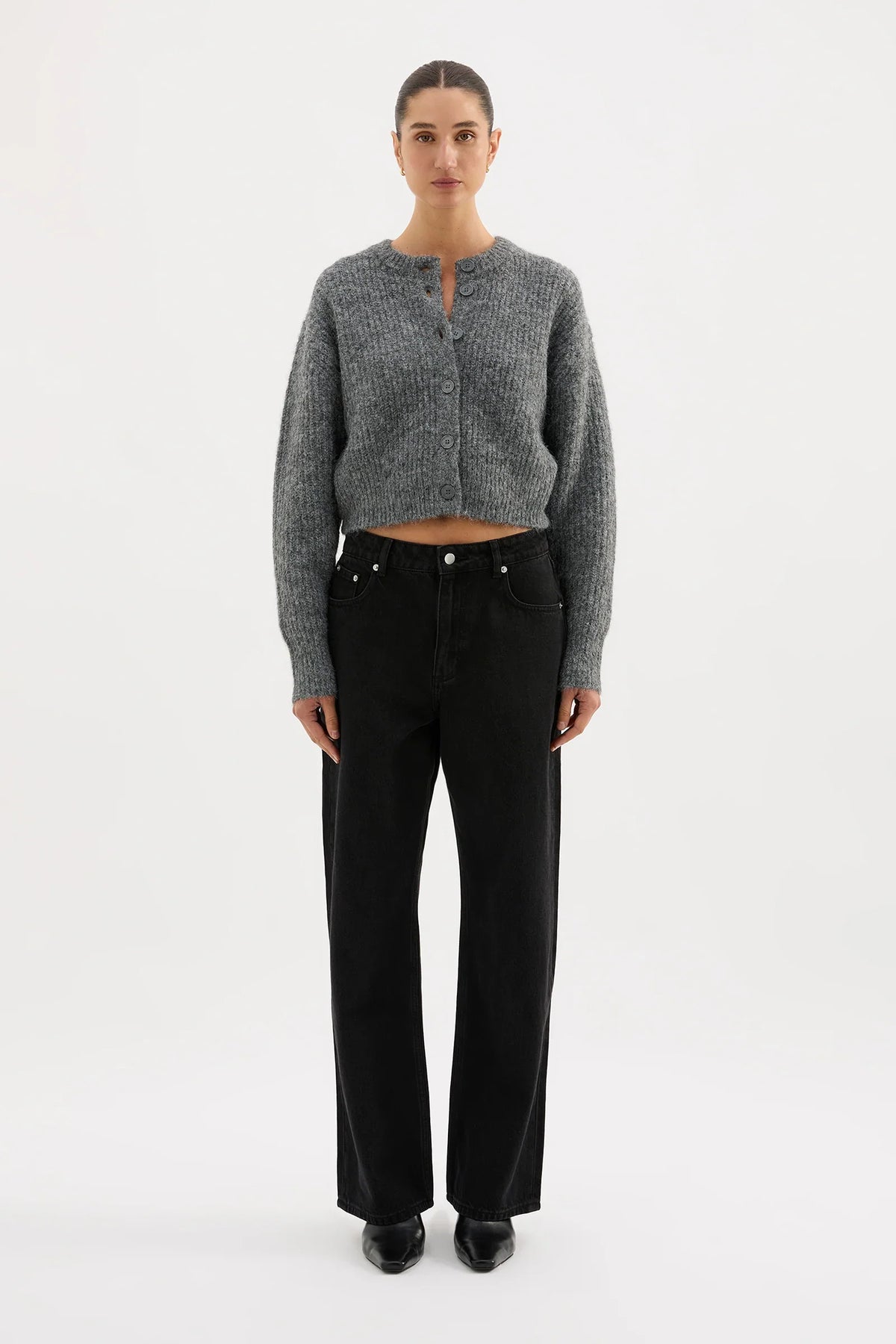Nude Lucy Nixon Cropped Cardigan in Charcoal — the Nixon Cropped Cardigan by Nude Lucy is crafted from a soft midweight knit with a subtle fluffy texture.