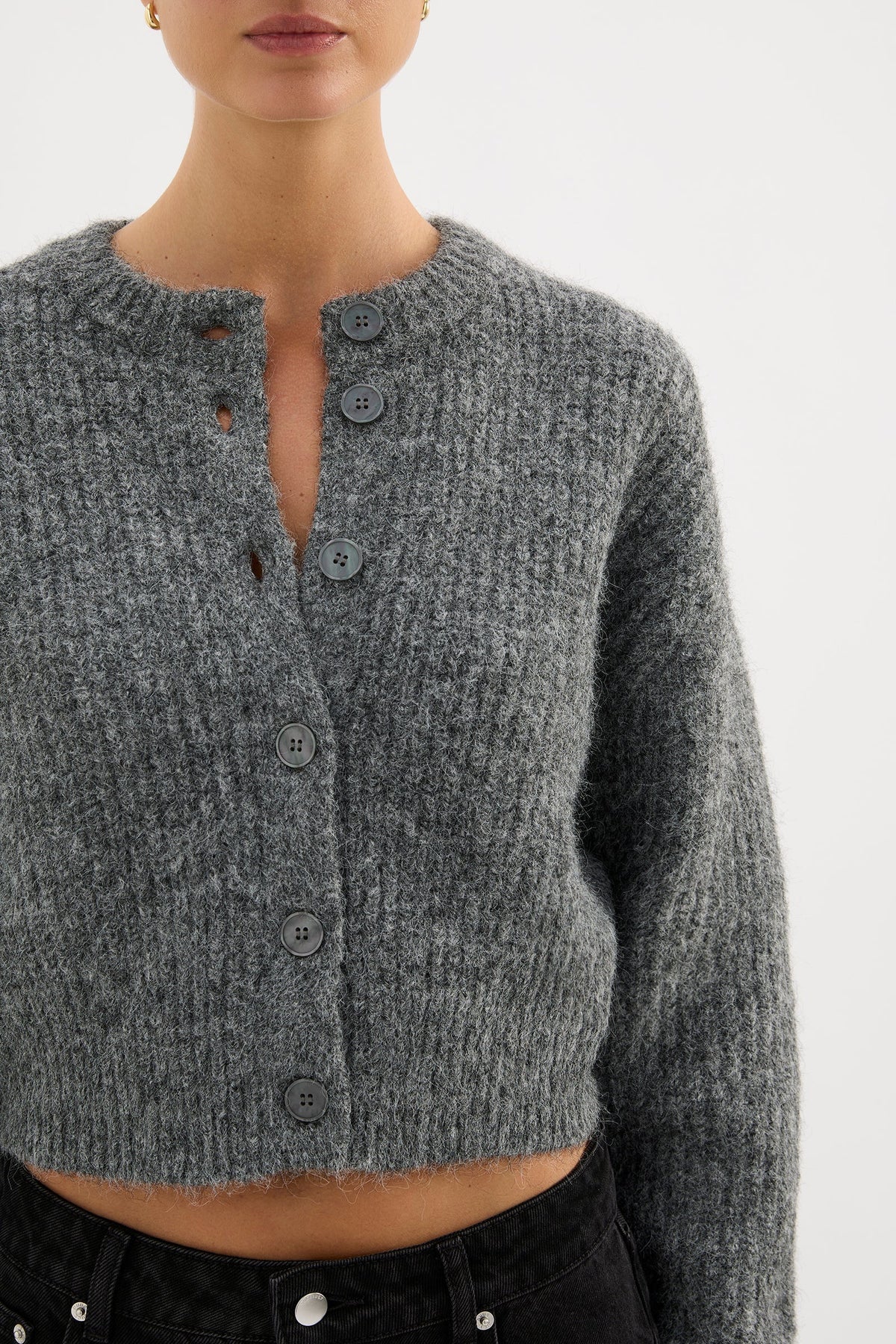 Nude Lucy Nixon Cropped Cardigan in Charcoal — the Nixon Cropped Cardigan by Nude Lucy is crafted from a soft midweight knit with a subtle fluffy texture.