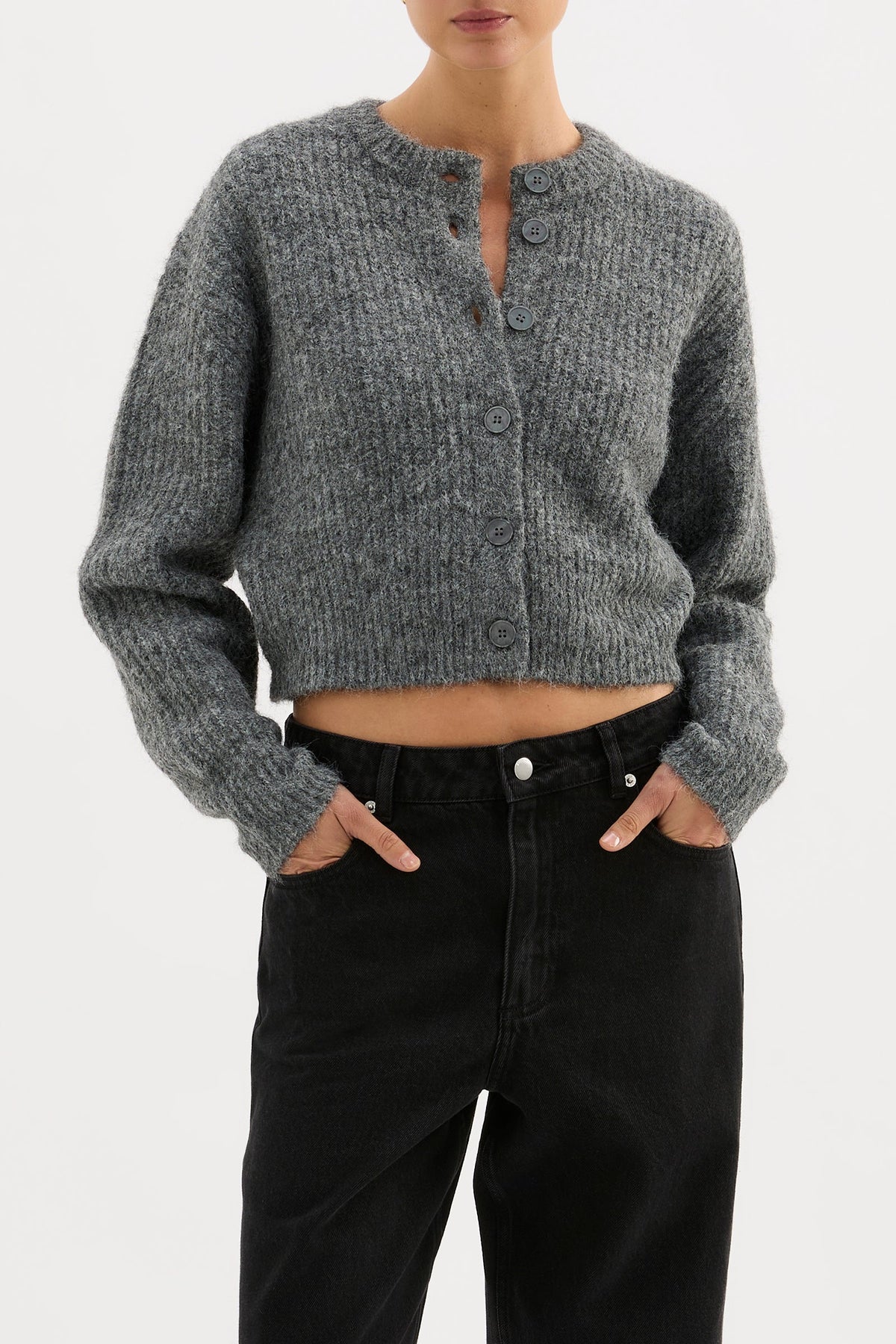 Nude Lucy Nixon Cropped Cardigan in Charcoal — the Nixon Cropped Cardigan by Nude Lucy is crafted from a soft midweight knit with a subtle fluffy texture.