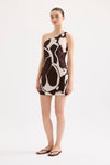 A model wears the Nude Lucy Ombra Mini Dress in Ombra Print in an angled front studio view.
