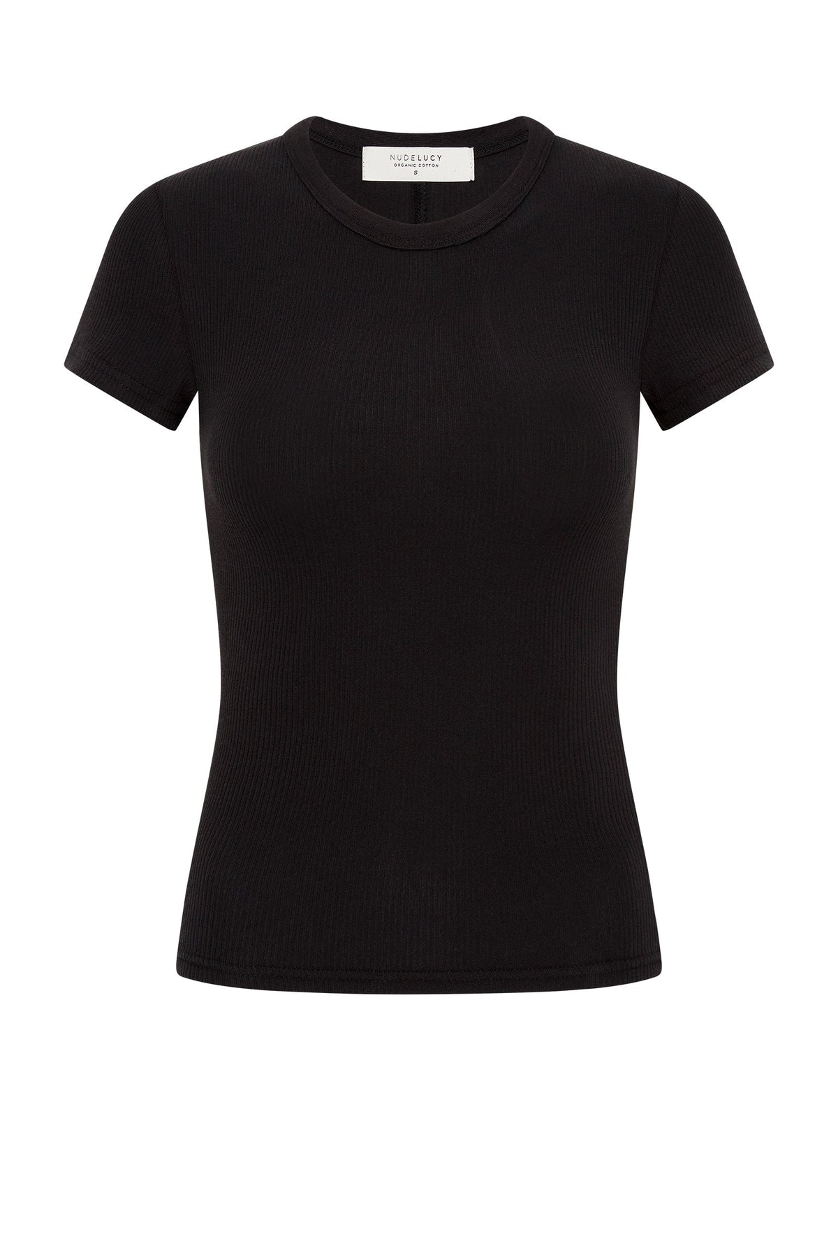 Front product view of the black fitted short sleeve tee with a crew neckline against a clean white background.