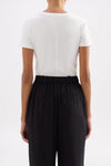 Back view showing the simple fitted silhouette and short sleeves of the white baby tee.