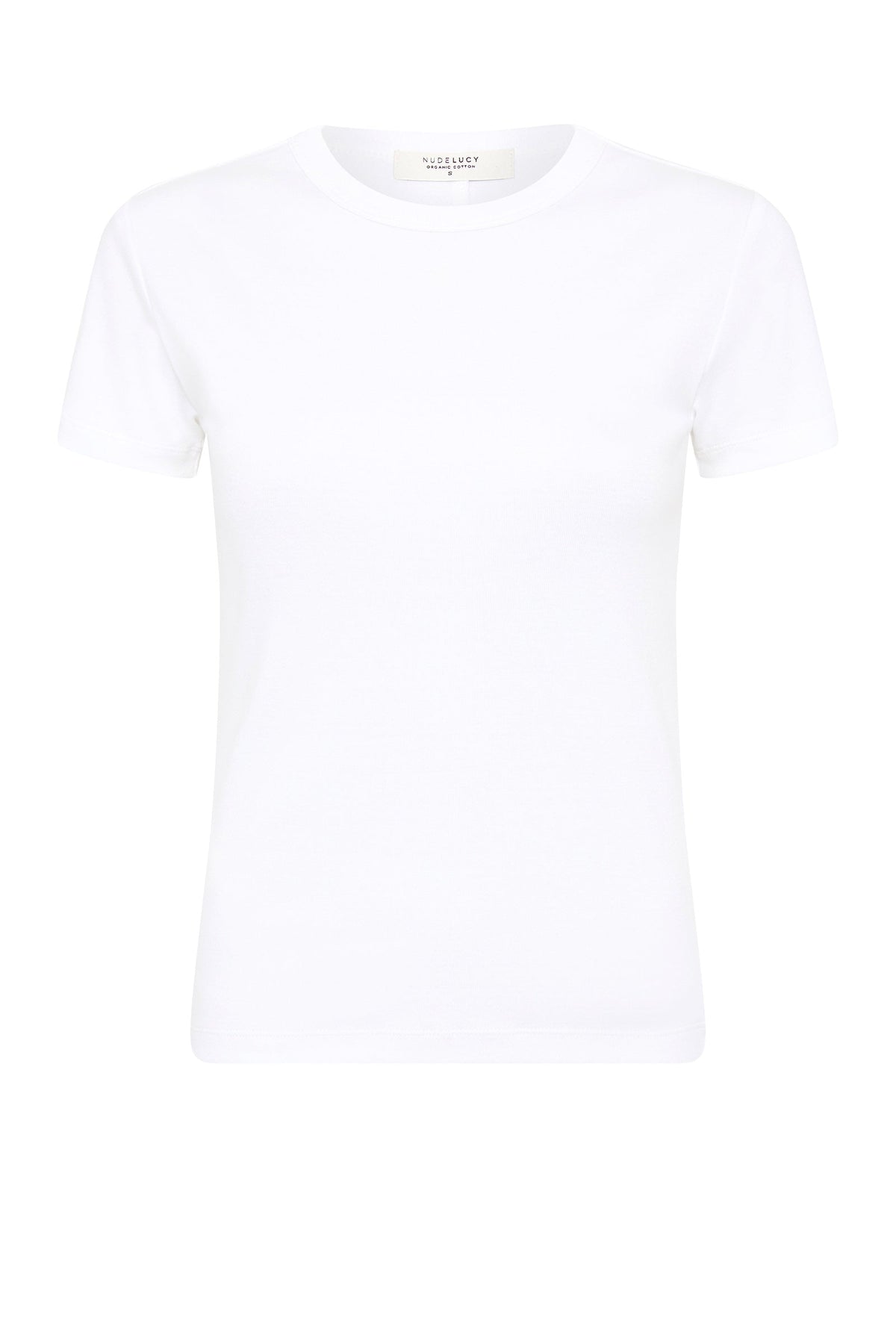 Product-only front view of the white crew neck baby tee on a plain background.