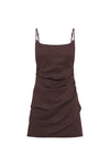 Chocolate brown mini dress displayed against a white background, showing the thin straps, fitted shape and draped mini skirt.