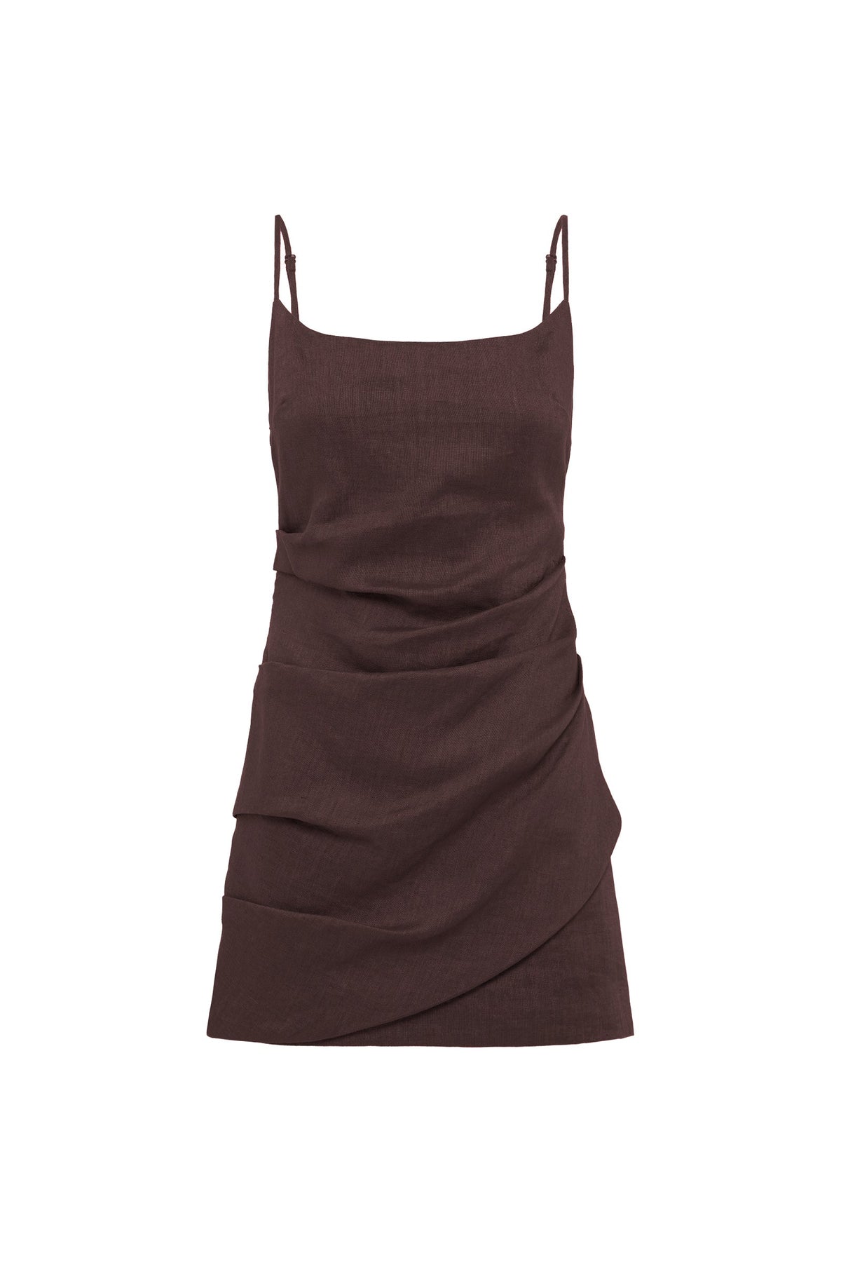 Chocolate brown mini dress displayed against a white background, showing the thin straps, fitted shape and draped mini skirt.