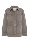 Stone grey denim jacket shown alone with a collar, branded button front and four patch pockets.