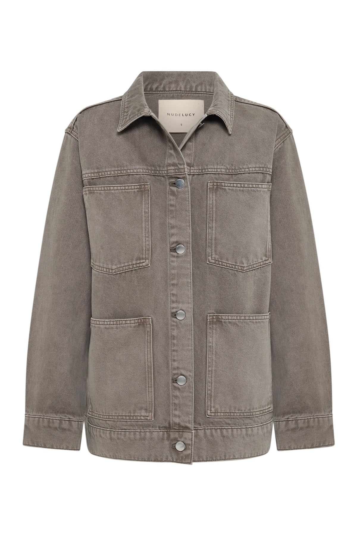 Stone grey denim jacket shown alone with a collar, branded button front and four patch pockets.