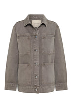 Stone grey denim jacket shown alone with a collar, branded button front and four patch pockets.