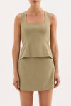 A front close-up shows the moss Thea Top with a square neckline and shaped seams through the body.
