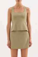 A front close-up shows the moss Thea Top with a square neckline and shaped seams through the body.
