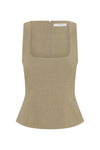 A front product view shows the Nude Lucy Thea Top in moss with a square neckline and shaped silhouette.