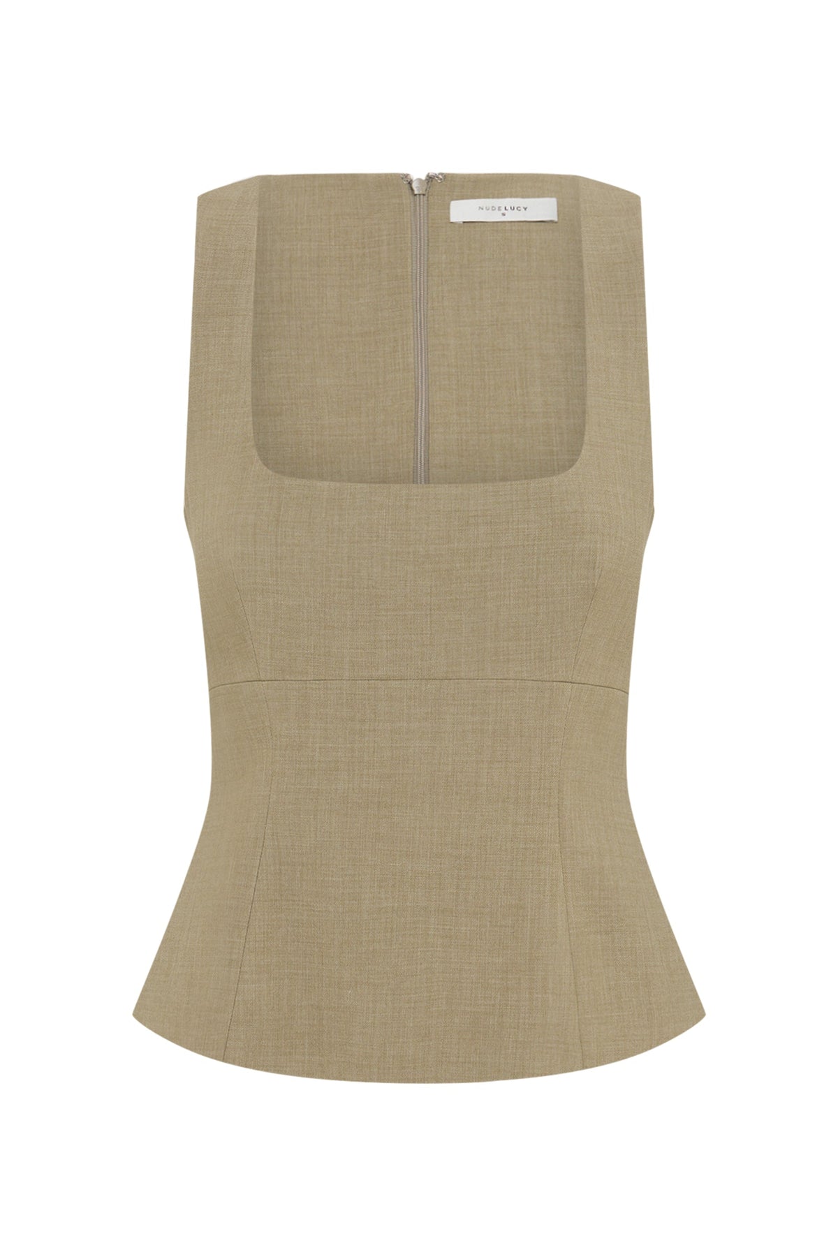 A front product view shows the Nude Lucy Thea Top in moss with a square neckline and shaped silhouette.