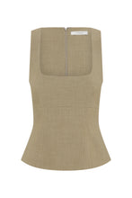 A front product view shows the Nude Lucy Thea Top in moss with a square neckline and shaped silhouette.