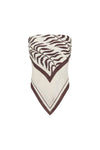 Brown and cream Vela print scarf displayed alone against a white background, showing its square shape and pointed folded edge.