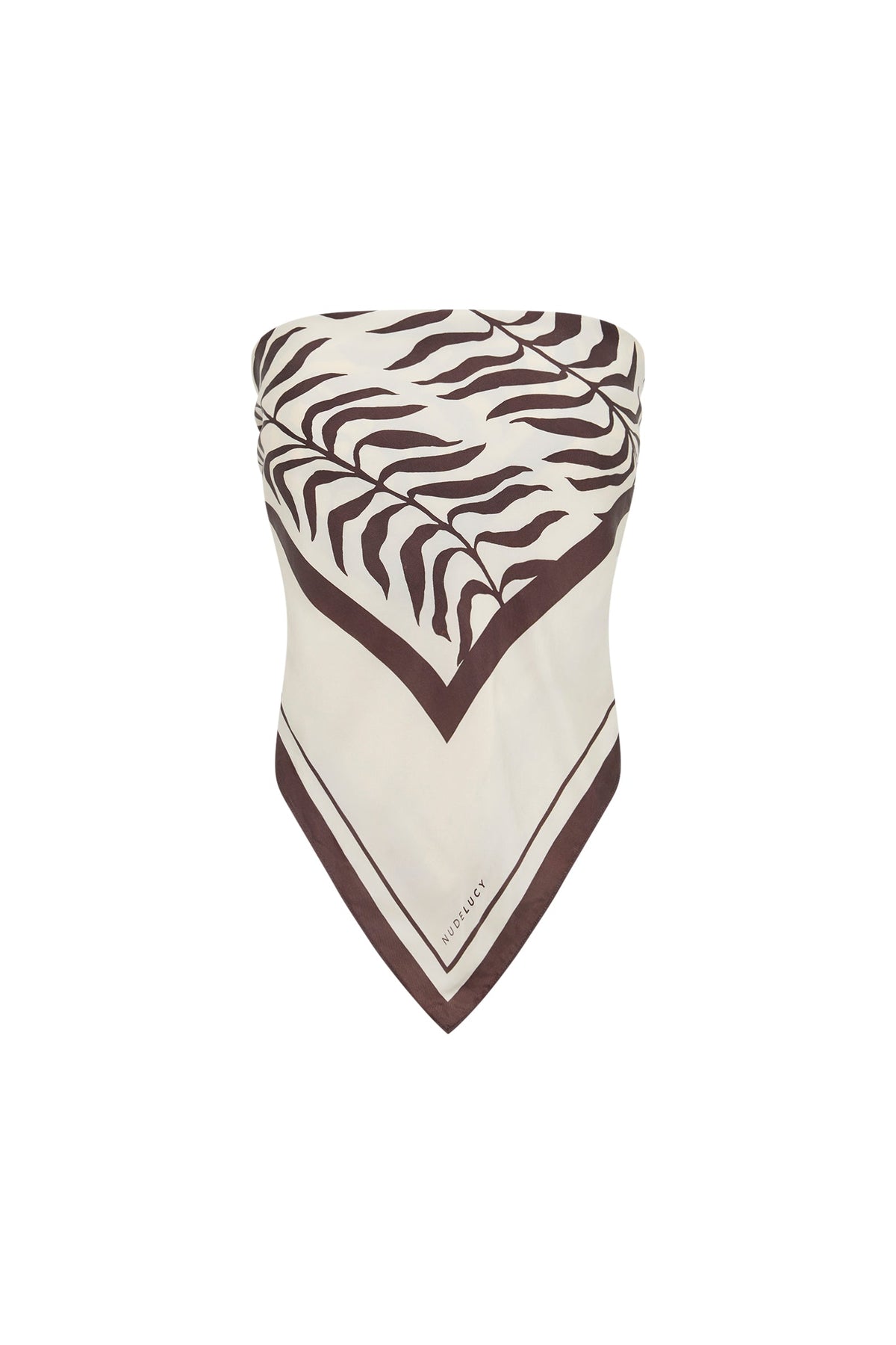 Brown and cream Vela print scarf displayed alone against a white background, showing its square shape and pointed folded edge.
