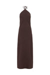 Chocolate brown maxi dress displayed against a white background, showing the halter neckline, relaxed shape and full-length silhouette.