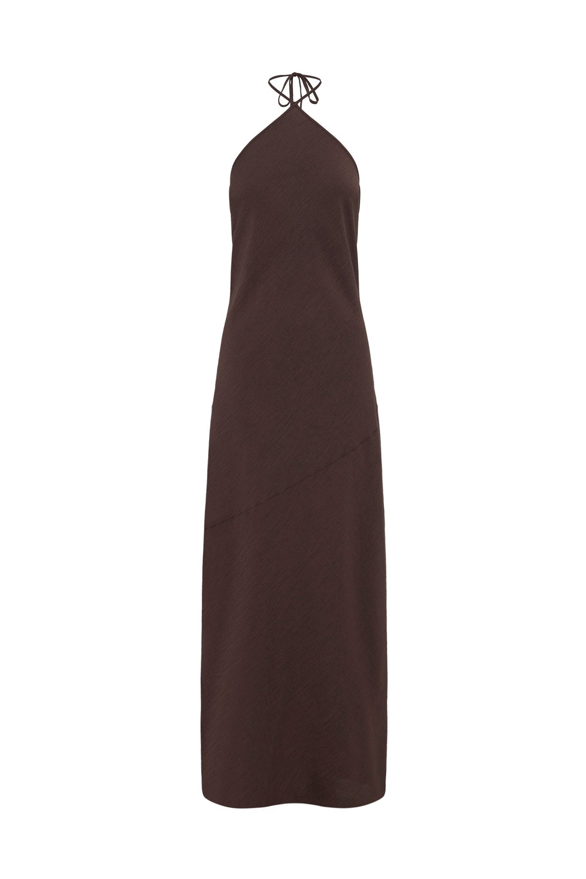 Chocolate brown maxi dress displayed against a white background, showing the halter neckline, relaxed shape and full-length silhouette.