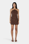 Ownley Anousha Halter Top in Chocolate Anglaise — the Anousha Top is a halter top crafted from a cotton floral broderie anglaise fabrication and a features a side front split detail.