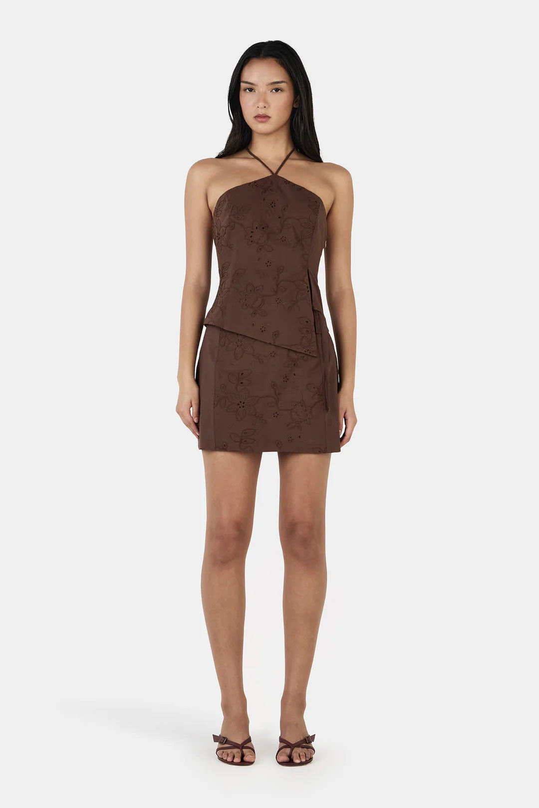 Ownley Anousha Halter Top in Chocolate Anglaise — the Anousha Top is a halter top crafted from a cotton floral broderie anglaise fabrication and a features a side front split detail.