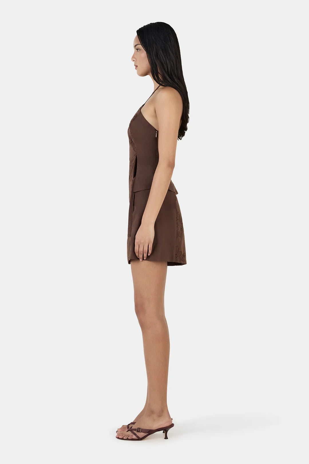 Ownley Anousha Halter Top in Chocolate Anglaise — the Anousha Top is a halter top crafted from a cotton floral broderie anglaise fabrication and a features a side front split detail.