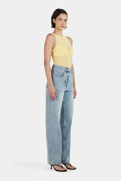 Ownley Halsey Mesh Top in Lemon — the Halsey Mesh Top is a sleeveless top with a sheer mesh bodice and a lined bra detail over the bust.