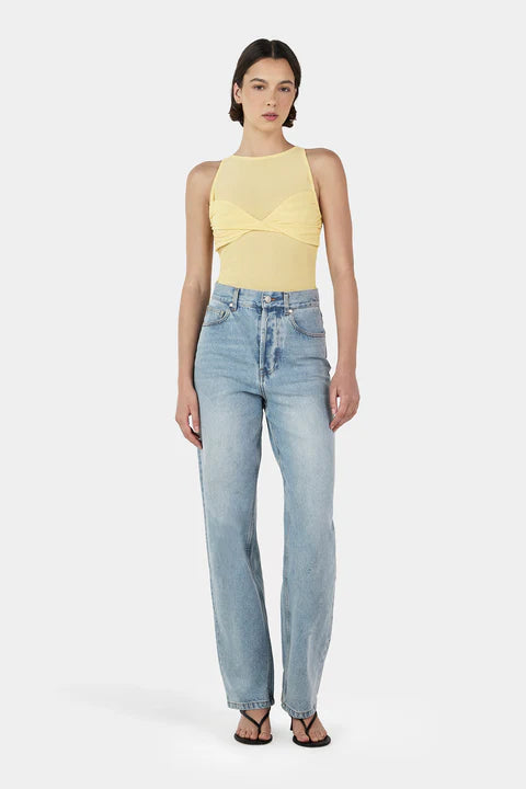 Ownley Halsey Mesh Top in Lemon — the Halsey Mesh Top is a sleeveless top with a sheer mesh bodice and a lined bra detail over the bust.