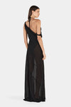 A rear three-quarter view showing the black dress's open back, tied halter straps, asymmetrical upper design and sheer flowing skirt.