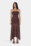 Ownley Zella Midi Daisy Dot Cherry Choc Dress — the Zella Midi Dress by Ownley is a strapless mesh maxi dress designed with a straight neckline and a softly ruched, fully lined body for a flattering fit.