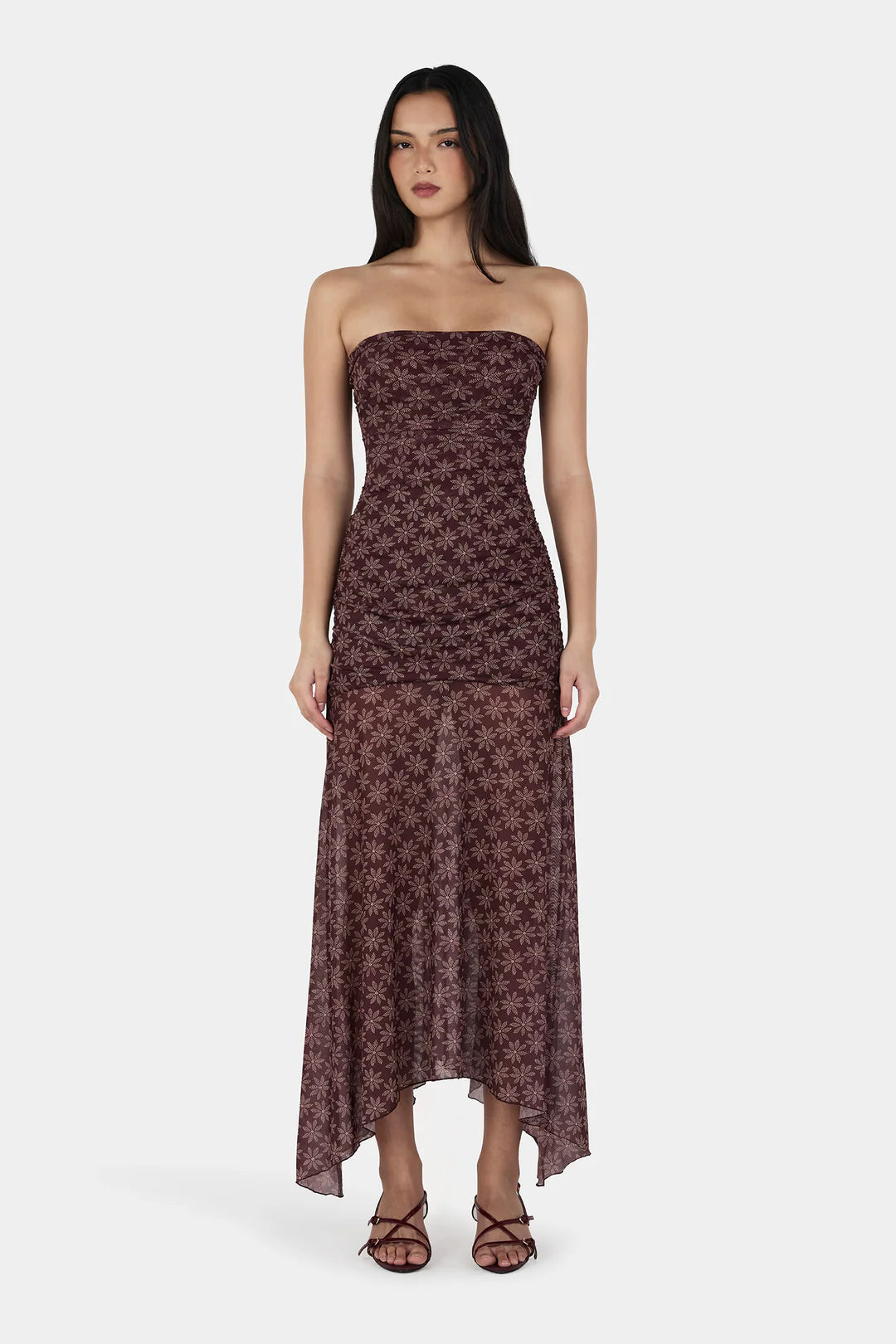 Ownley Zella Midi Daisy Dot Cherry Choc Dress — the Zella Midi Dress by Ownley is a strapless mesh maxi dress designed with a straight neckline and a softly ruched, fully lined body for a flattering fit.