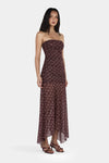 Ownley Zella Midi Daisy Dot Cherry Choc Dress — the Zella Midi Dress by Ownley is a strapless mesh maxi dress designed with a straight neckline and a softly ruched, fully lined body for a flattering fit.
