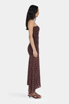 Ownley Zella Midi Daisy Dot Cherry Choc Dress — the Zella Midi Dress by Ownley is a strapless mesh maxi dress designed with a straight neckline and a softly ruched, fully lined body for a flattering fit.