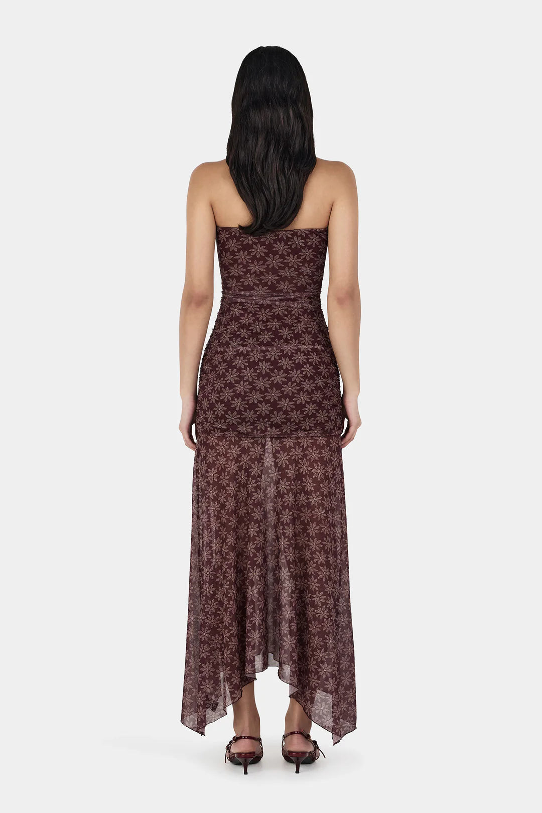 Ownley Zella Midi Daisy Dot Cherry Choc Dress — the Zella Midi Dress by Ownley is a strapless mesh maxi dress designed with a straight neckline and a softly ruched, fully lined body for a flattering fit.