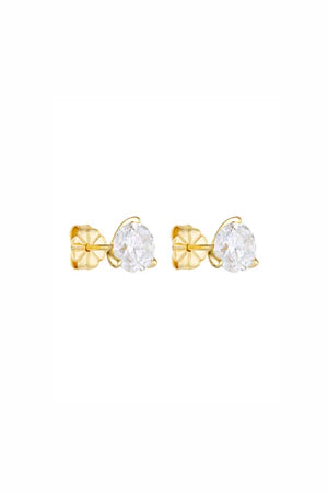 Gold bow-shaped earrings with clear gemstones on a white background