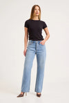 Model wearing the mid-blue boyfriend jeans with a fitted black tee and pointed heels, showing the button fly, five-pocket styling, relaxed thigh and straight-leg silhouette in a full-length front view.