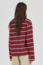 Close-up back view of the burgundy striped long-sleeve tee, showing the relaxed shoulders, horizontal stripe pattern, long sleeves and straight hem.