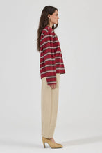 Model wearing the burgundy striped long-sleeve tee with relaxed beige jeans and tan heels, showing the crew neckline, dropped shoulders, long sleeves and relaxed hip-length silhouette in a side view.