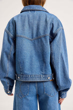Close-up back view of the blue denim swing jacket, showing the pointed Western-style yoke, dropped shoulders, balloon sleeves, gold topstitching and adjustable hem tabs
