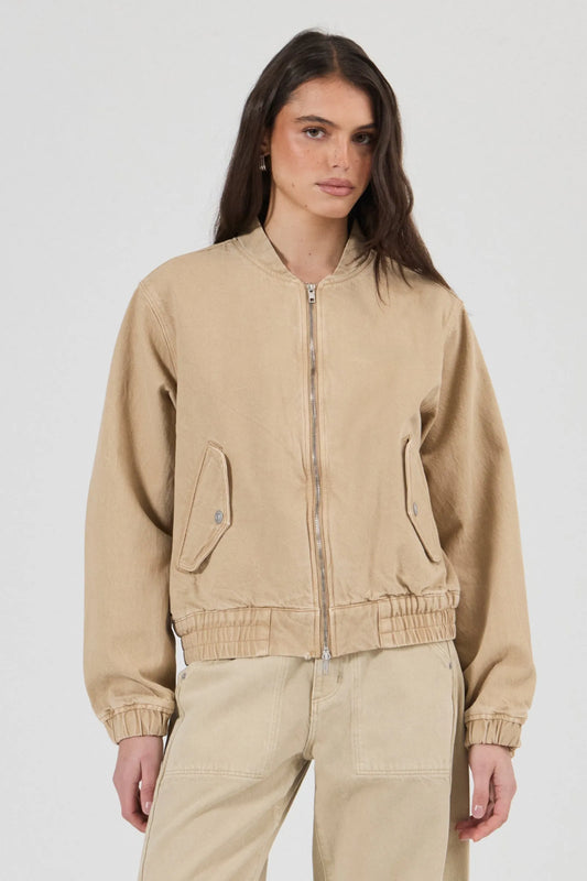 Rolla’s Dune Bomber Jacket in Dune, front view on model.
