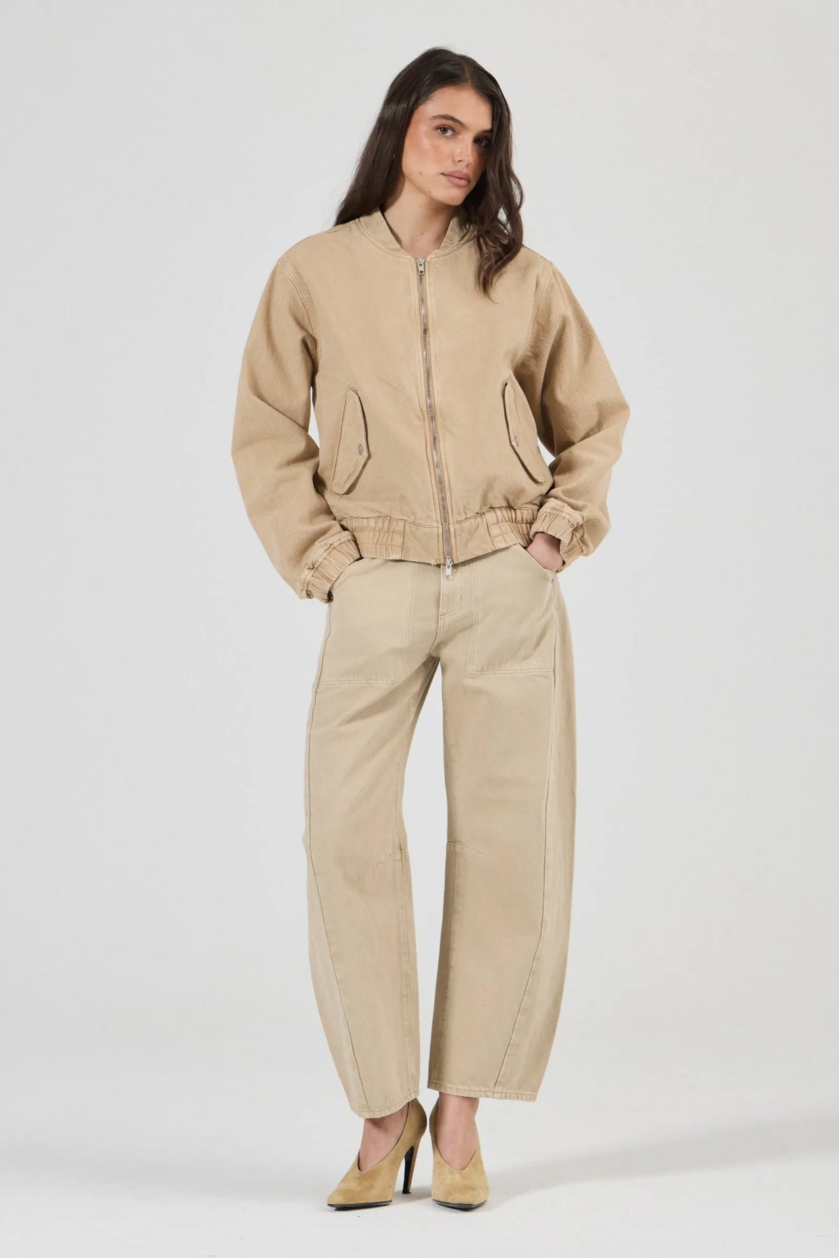 Rolla’s Dune Bomber Jacket in Dune, full-length styled front view.
